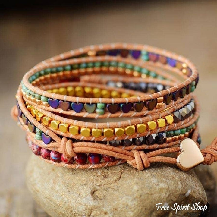 Chic Collective Bohemian Heart Charm Wrap Bracelet with natural stones, metallic beads, and gold heart charm on leather cord.