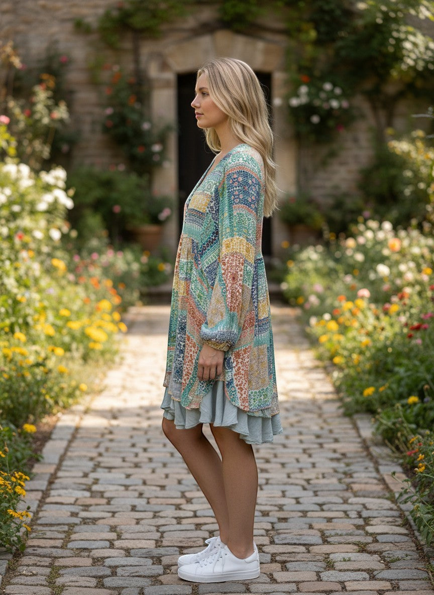 Chic Collective Bohemian patchwork V-neck top with mint and peach print, 3/4 sleeves, and tiered hem.