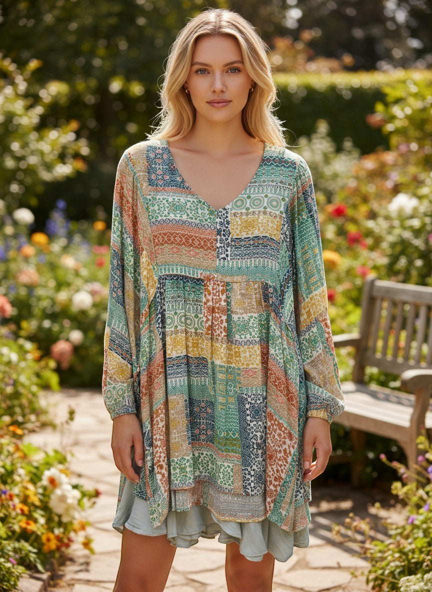 Chic Collective Bohemian patchwork V-neck top with mint, peach, and yellow prints. Comfortable 3/4 sleeve, relaxed fit.