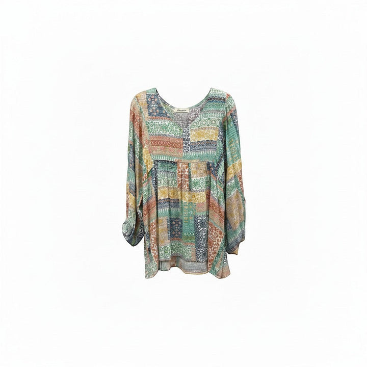 Chic Collective Bohemian patchwork V-neck top with 3/4 sleeves in mint and peach. Lightweight and breathable fabric.