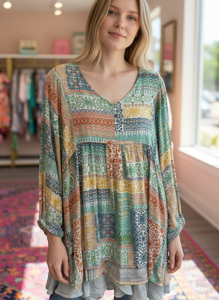 Chic Collective Bohemian patchwork V-neck top with mint and peach prints, 3/4 sleeves, and a relaxed fit.