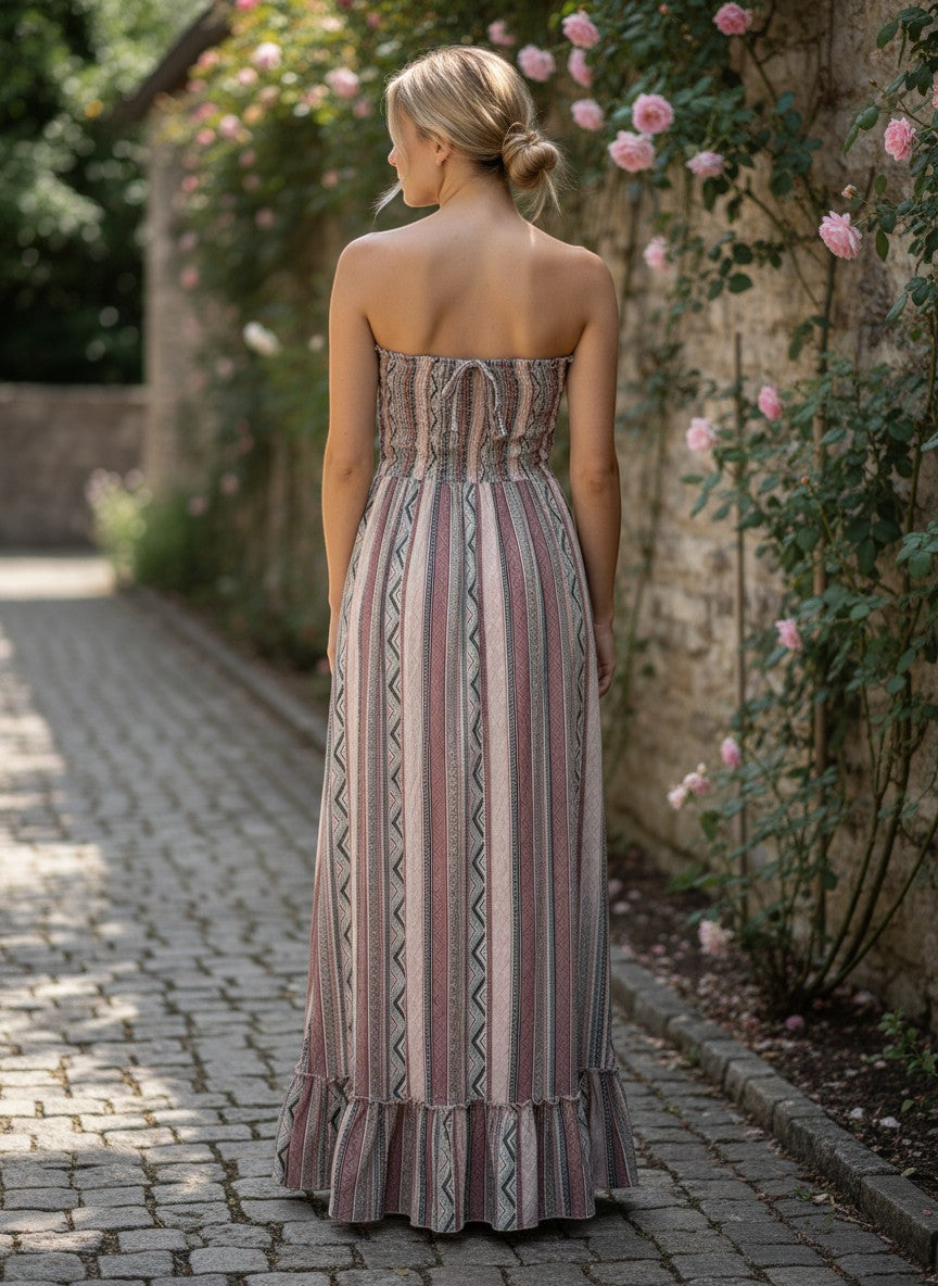 Chic Collective boho smocked maxi dress with vertical stripes in pink, grey, and cream. Strapless design with a ruffled hem.