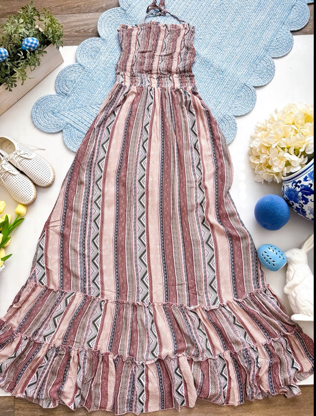 Chic Collective boho smocked maxi dress in pink and brown stripe print with tiered ruffle hem. Halter neck.