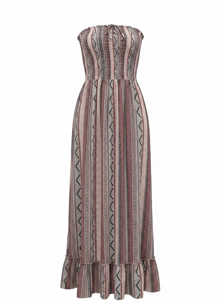 Chic Collective boho smocked maxi dress with a tribal stripe print and ruffled hem. Strapless design with a tie front.