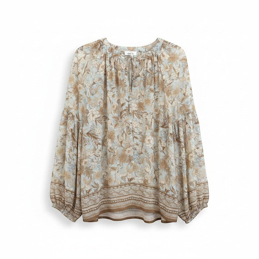 Chic Collective brown floral print blouse with balloon sleeves and button front. Light blue and tan fabric.
