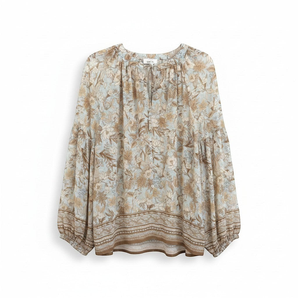 Chic Collective brown floral print blouse with balloon sleeves and button front. Light blue and tan fabric.