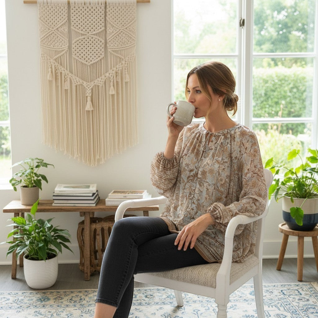 Chic Collective brown floral print blouse with balloon sleeves and button detail, worn by a woman drinking coffee.