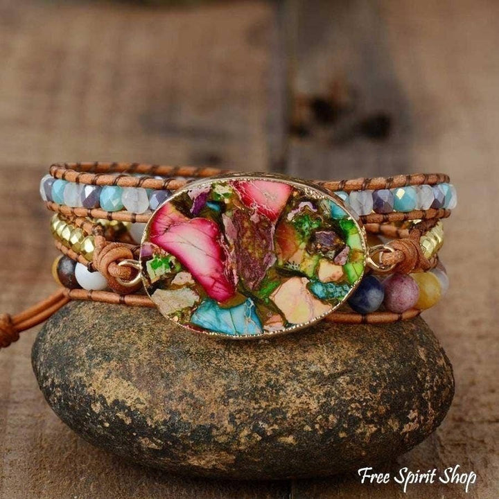 Chic Collective handmade boho wrap bracelet with color splash jasper, natural stones, and genuine leather.