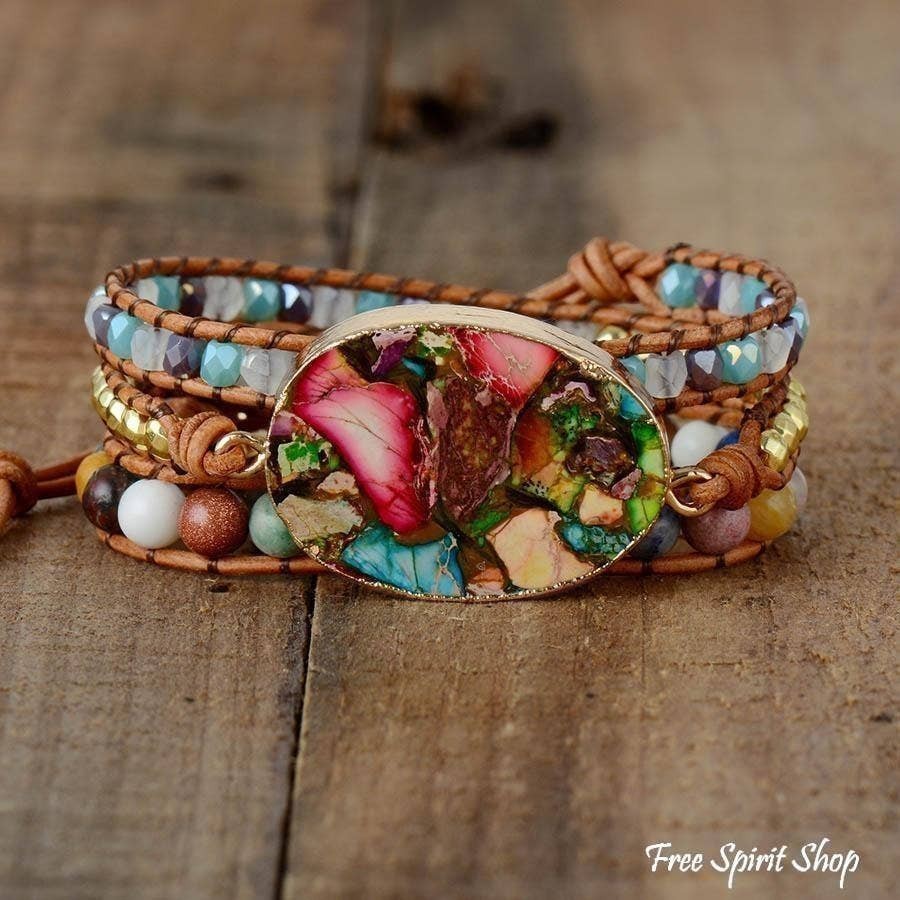 Chic Collective handmade boho wrap bracelet with color splash jasper, genuine leather, and mixed beads.