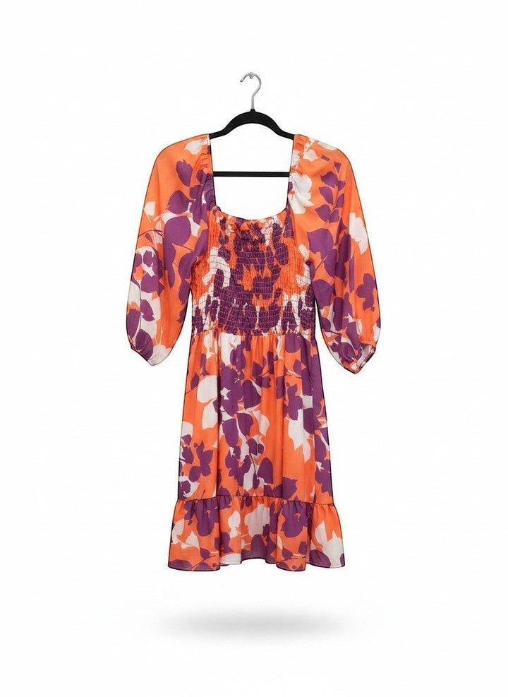Chic Collective coral purple floral babydoll fit and flare dress with square neckline and tiered hem.