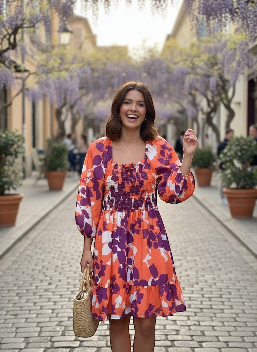 Chic Collective coral purple floral babydoll fit and flare dress with smocked bodice and puff sleeves.