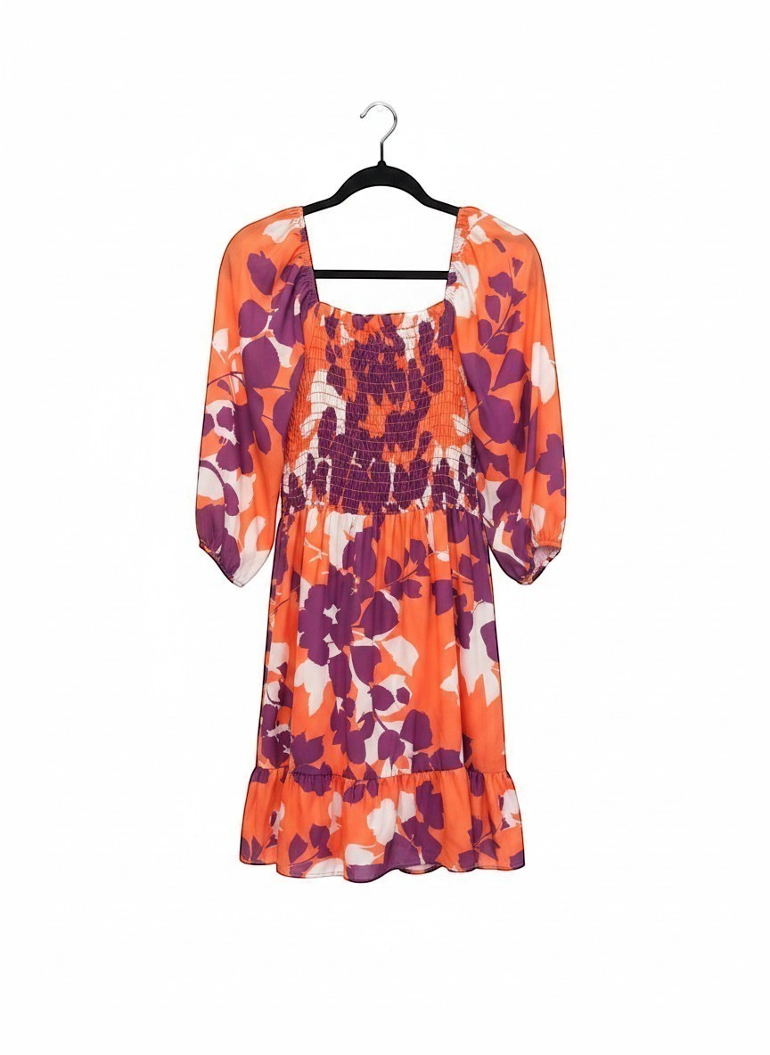 Chic Collective coral purple floral babydoll fit and flare dress with smocked bodice and square neckline.