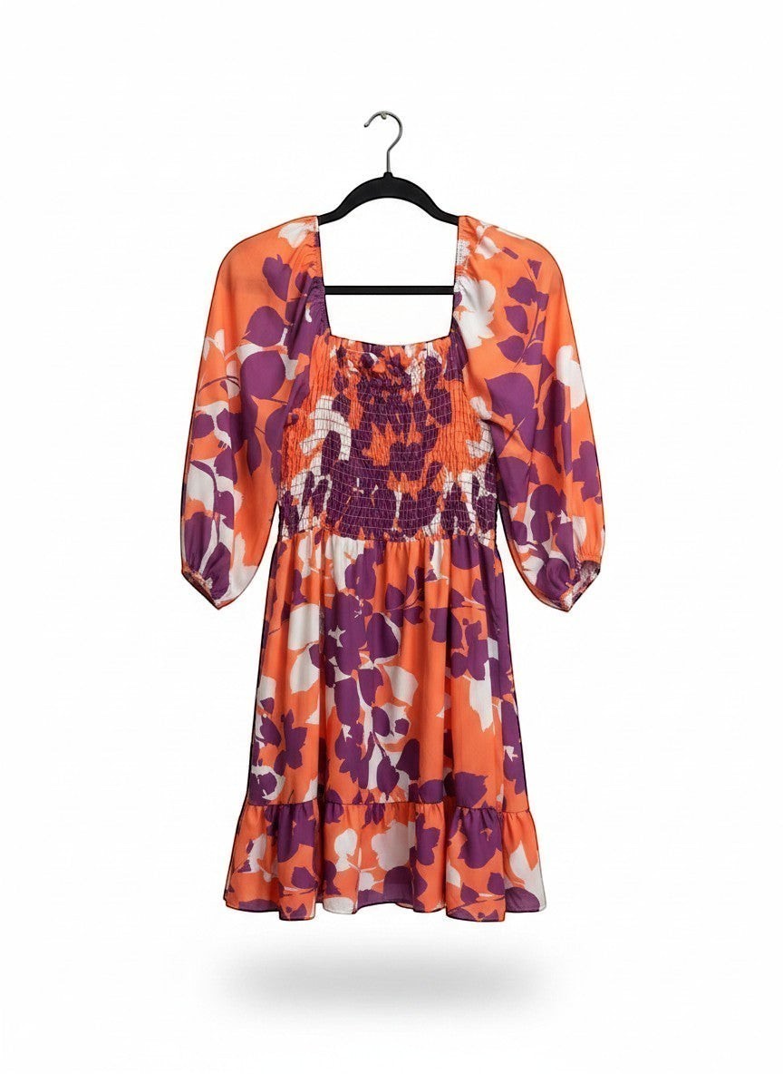 Chic Collective coral purple floral babydoll fit and flare dress with square neckline and tiered hem.