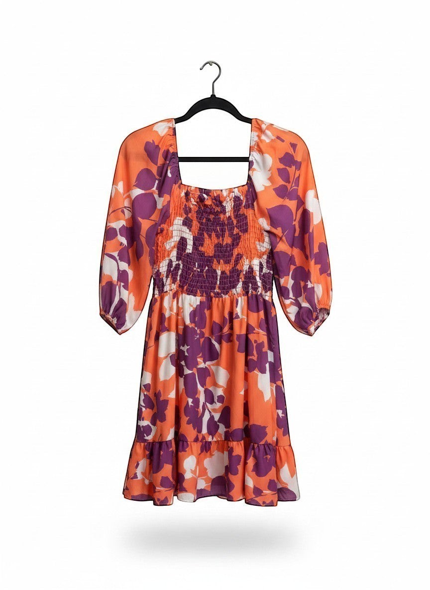 Chic Collective coral purple floral babydoll fit and flare dress with smocked bodice and tiered hem.
