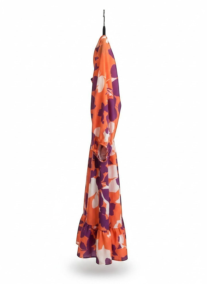 Chic Collective coral purple floral babydoll fit and flare midi dress with ruffled hem.