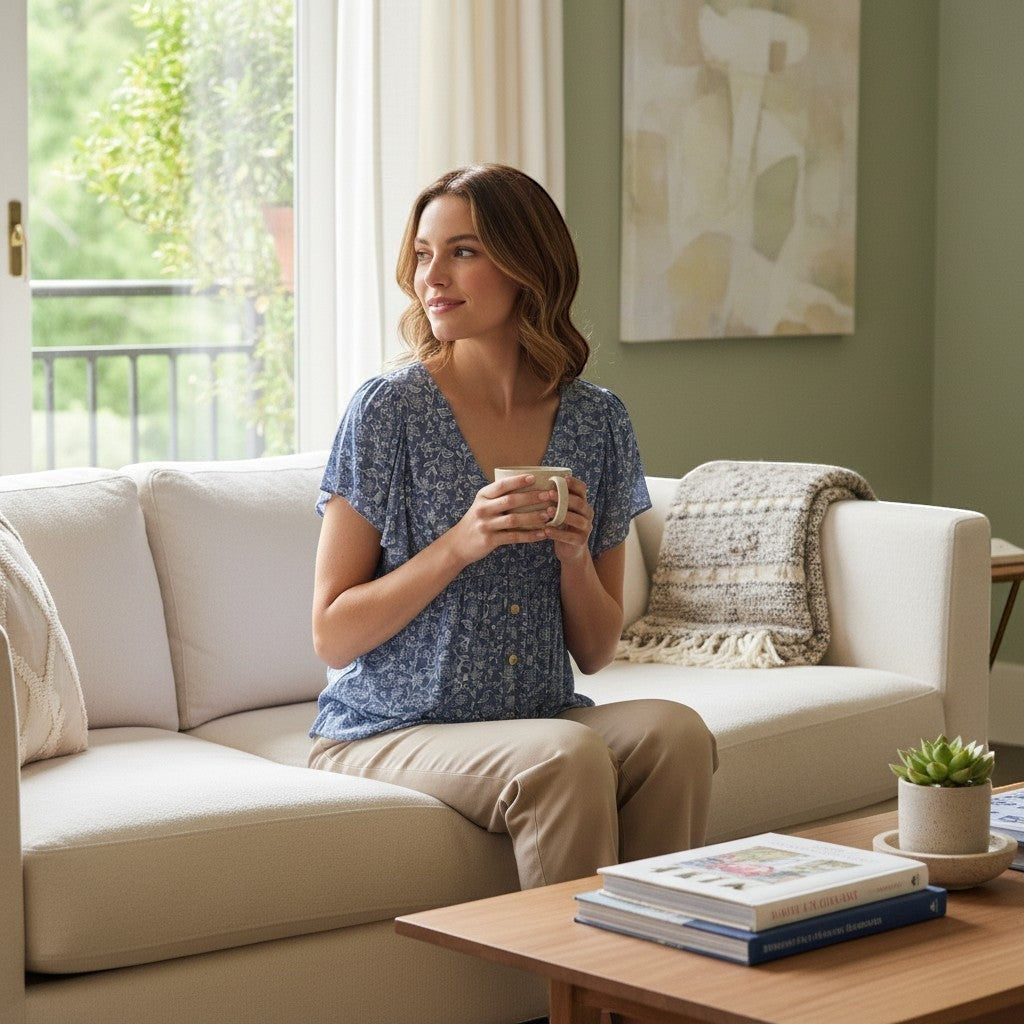 Chic Collective denim blue v-neck floral woven top with flutter sleeves, worn by a woman sitting on a couch.