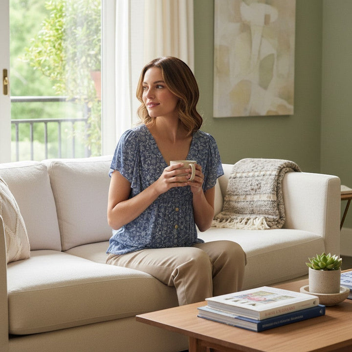 Chic Collective denim blue v-neck floral woven top with flutter sleeves, worn by a woman sitting on a couch.