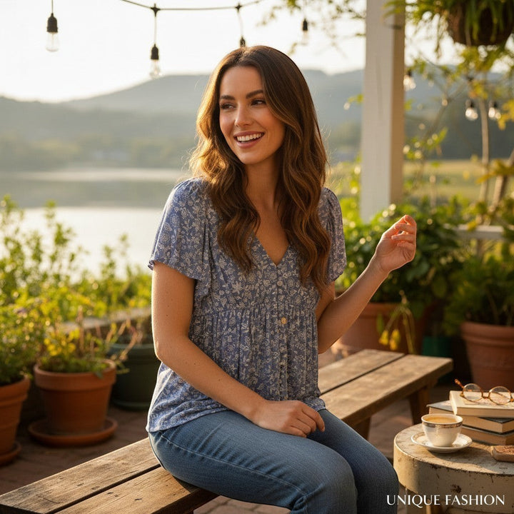 Chic Collective denim blue v-neck floral woven top with flutter sleeves, worn by a woman sitting outdoors.