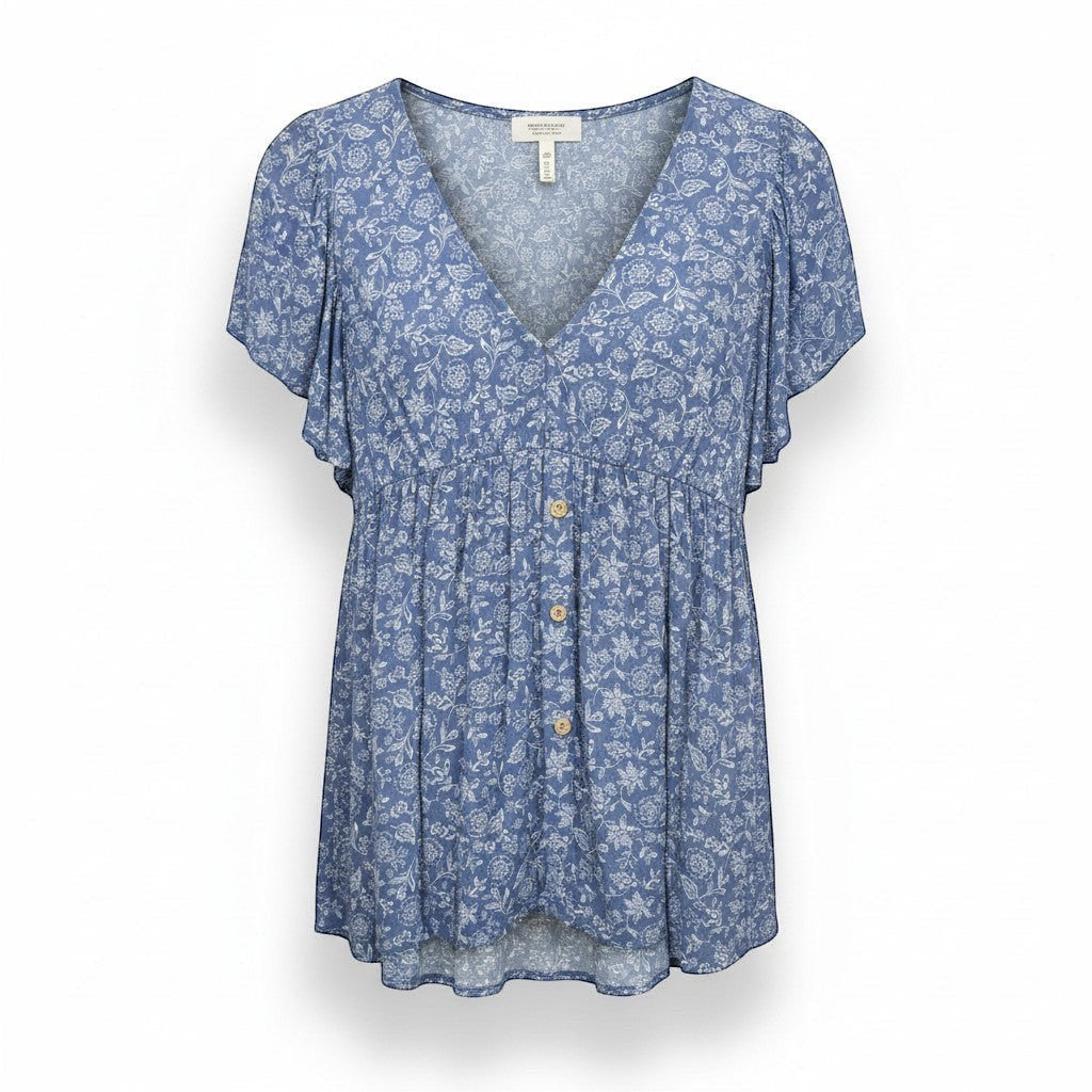 Chic Collective denim blue v-neck floral woven top with flutter sleeves and button front detail.