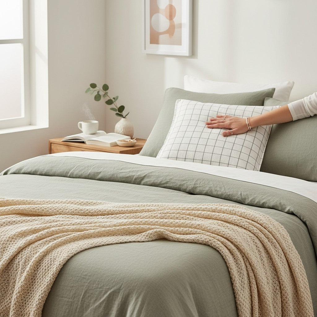 Chic Collective ecru linen cushion with a subtle grid check pattern and flanged edge on a bed.