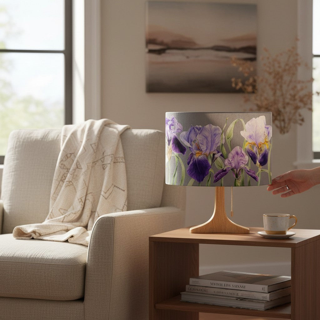 Chic Collective Elva Eva lampshade with a purple iris floral watercolour design on a grey fabric background.