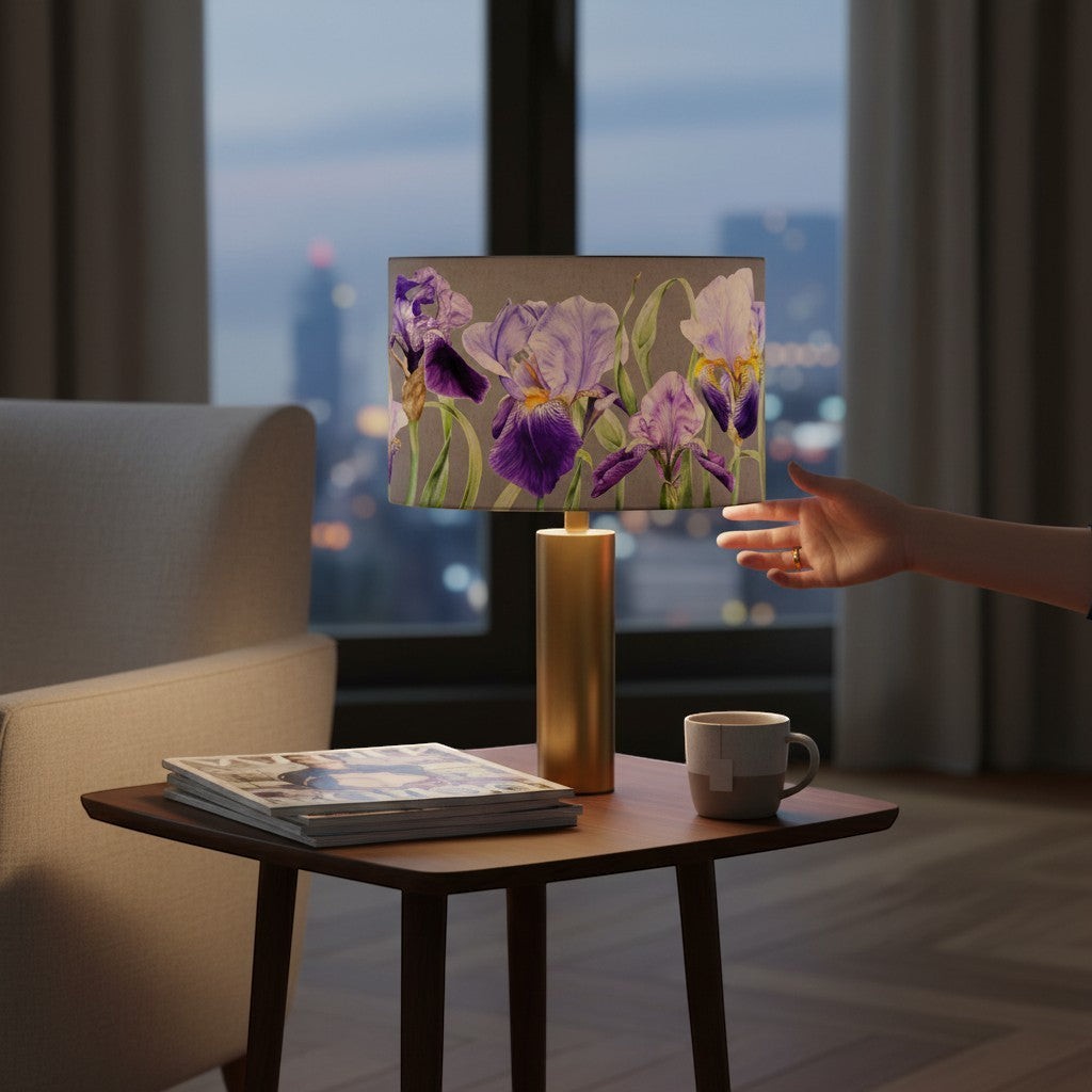 Chic Collective Elva Eva lampshade featuring a purple iris watercolour design on natural fabric. Hand-rolled edges for a smooth finish.