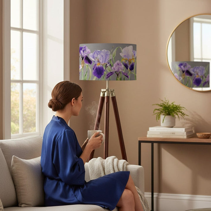 Chic Collective Elva Eva lampshade featuring a purple iris watercolour design on grey fabric, with hand-rolled edges for a soft glow.