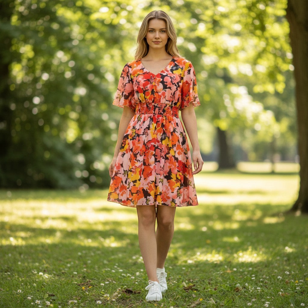 Chic Collective floral print dress with V-neck, short sleeves, and smocked waist in pink, peach, orange, yellow, and black.