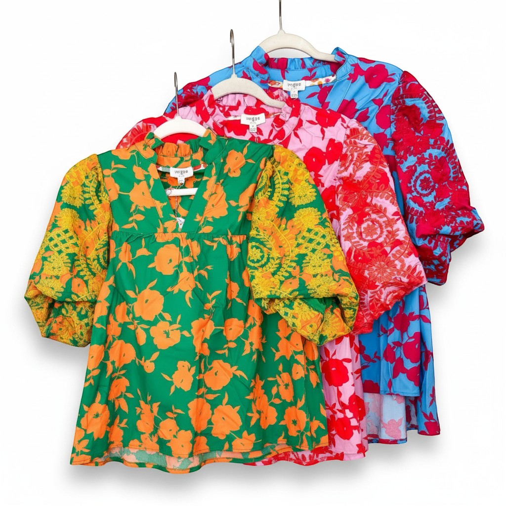 Chic Collective vibrant floral print tops in green, pink, and blue with embroidered sleeves.