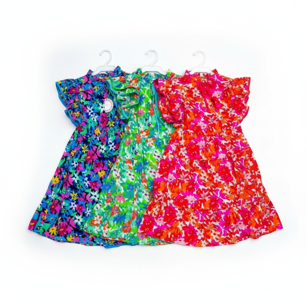 Chic Collective vibrant floral print dresses in blue, green, and red. Flutter sleeves and ruffled neckline.