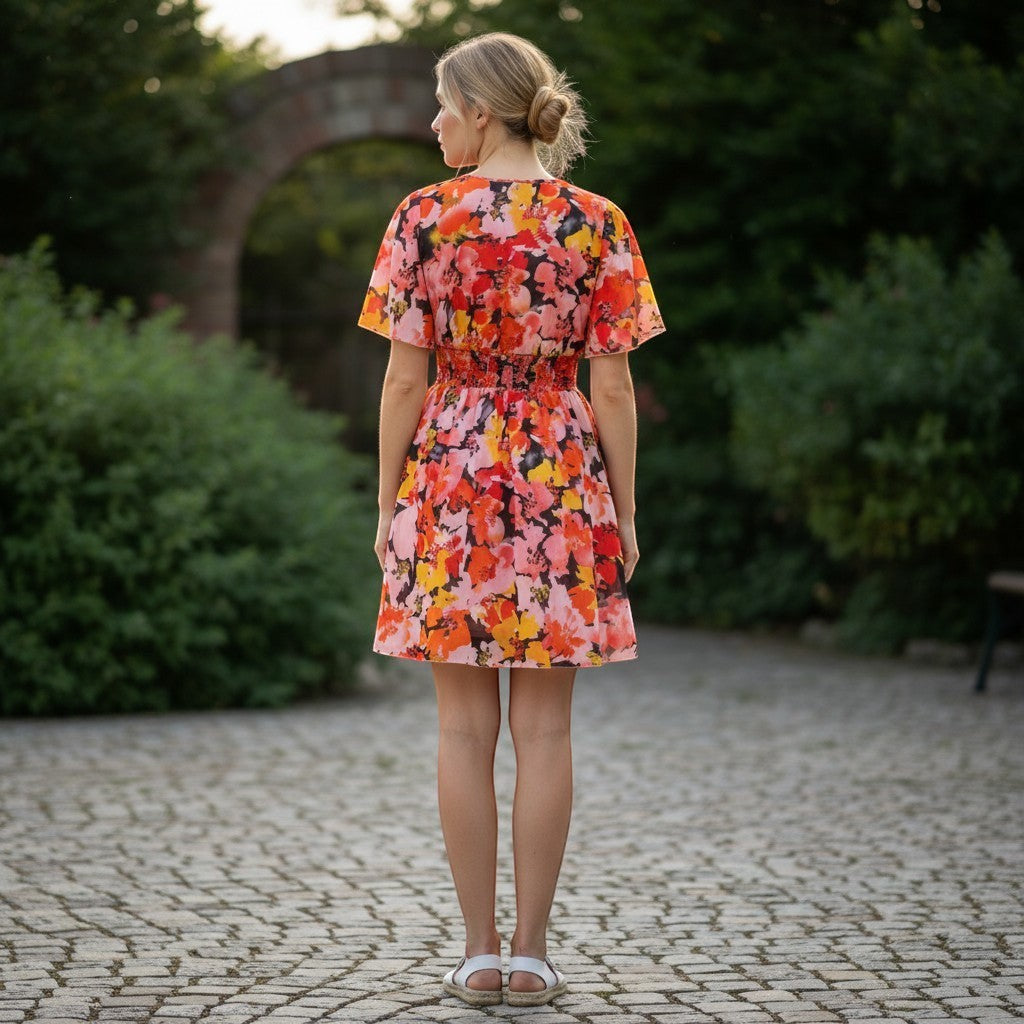 Chic Collective pink, peach, orange, and yellow floral print dress with smocked waist and short sleeves.