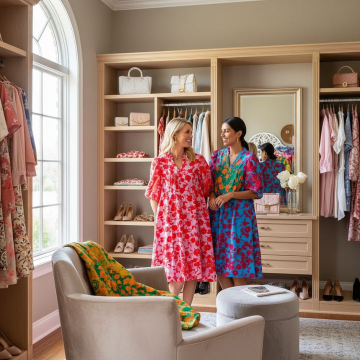 Chic Collective women in vibrant floral print dresses, one red and pink, the other blue with green and fuchsia accents.