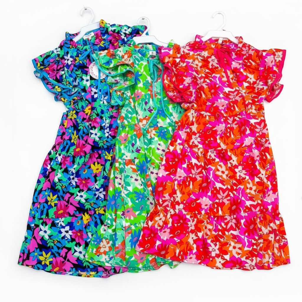 Chic Collective vibrant floral print dresses in green, blue, and pink with ruffled sleeves and tiered skirts.