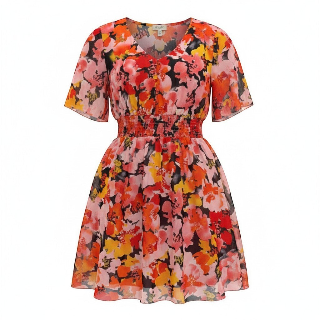 Chic Collective pink, peach, orange, yellow and black floral print V-neck short sleeve smocked waist mini dress.