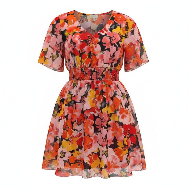 Chic Collective pink, peach, orange, yellow and black floral print V-neck short sleeve smocked waist mini dress.