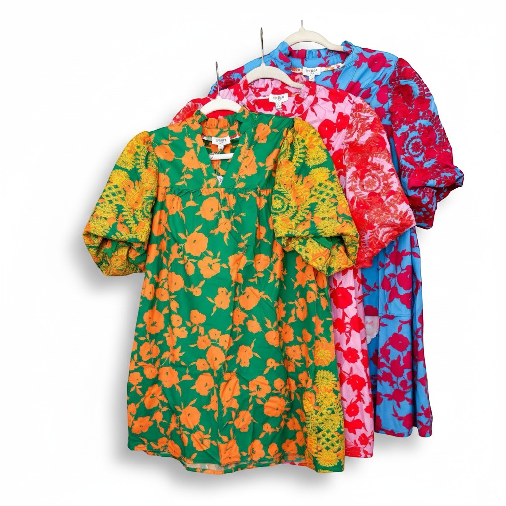 Chic Collective green top with orange floral print and yellow embroidered sleeves, red top with floral print, blue top with floral print.
