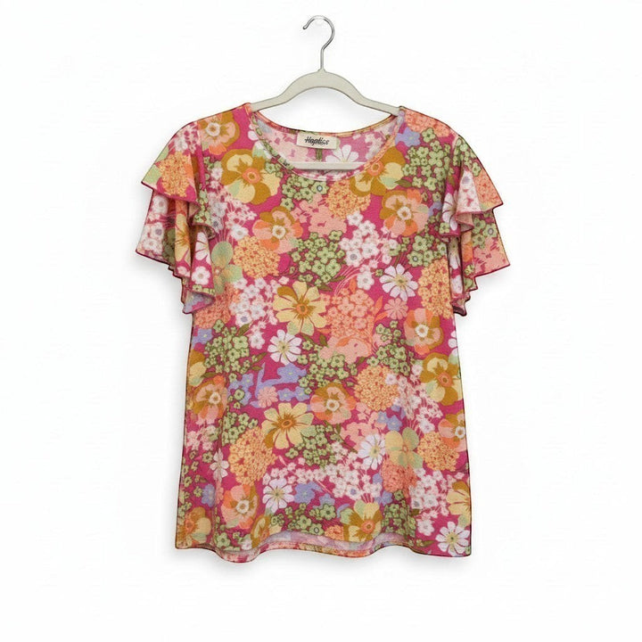 Chic Collective fuchsia pink, orange, green, and yellow floral ruffle top with short flutter sleeves.