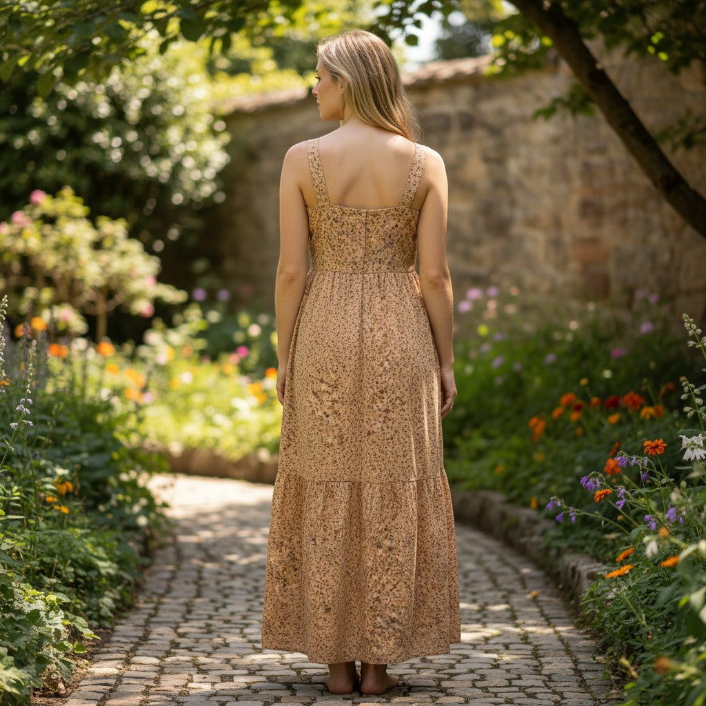 Chic Collective floral tan maxi dress with tiered skirt and square neckline, worn by a woman standing on a cobblestone path in a garden.