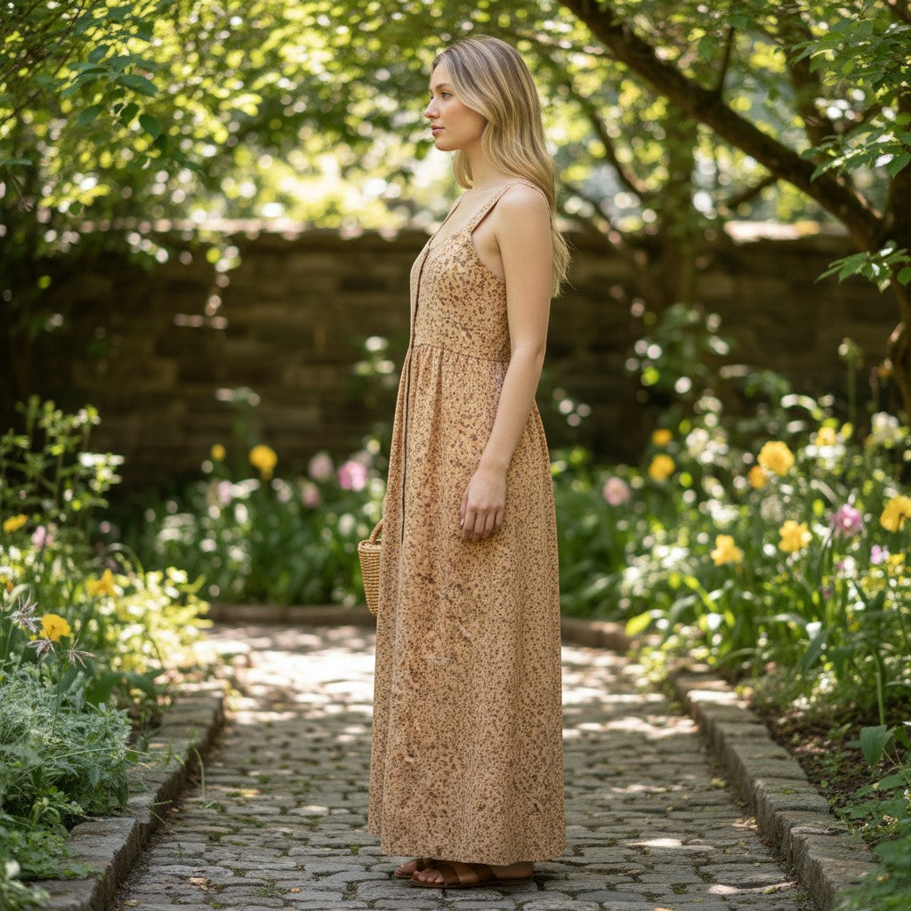 Chic Collective floral tan maxi dress with spaghetti straps and a button front, worn by a model in a garden setting.