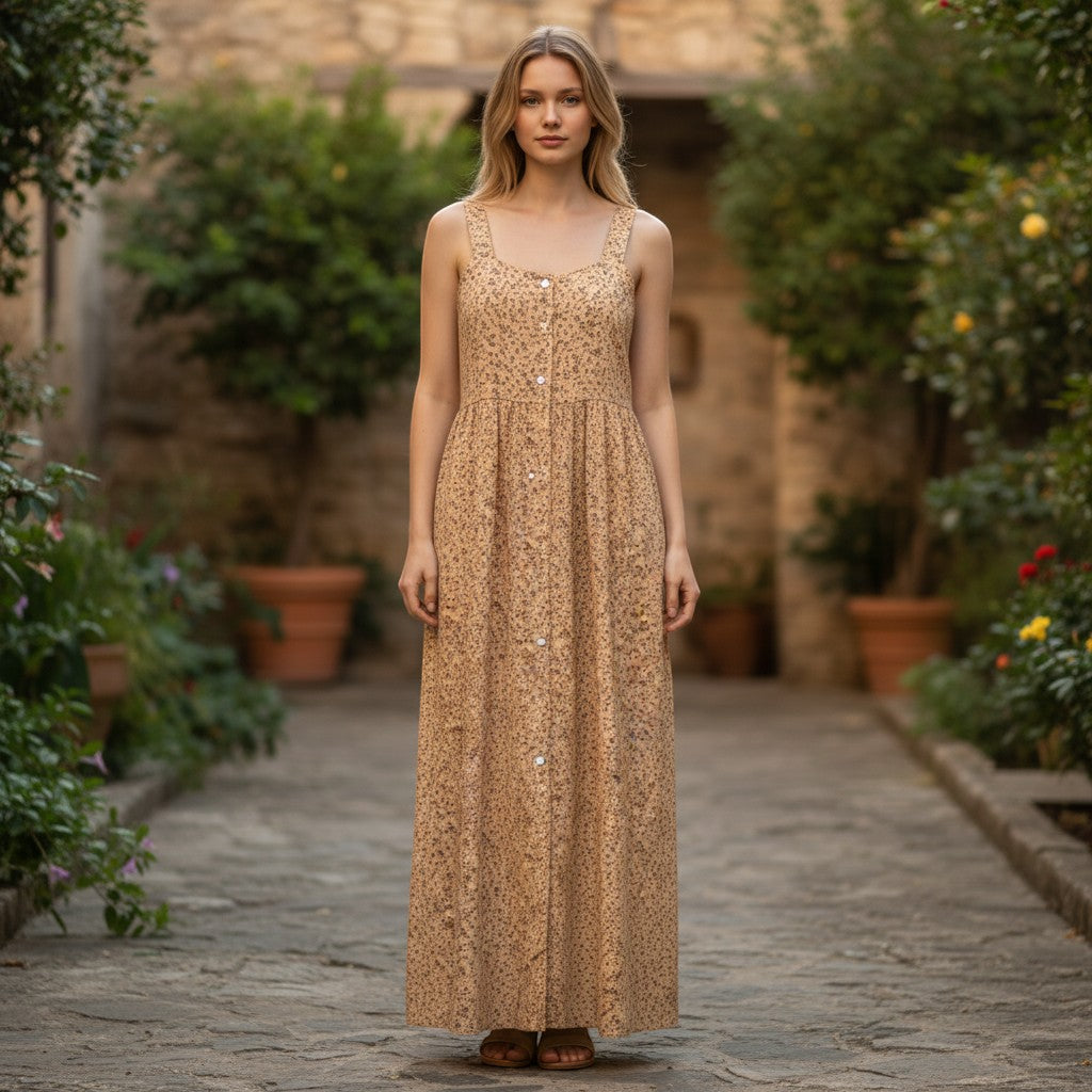 Chic Collective floral tan maxi dress with button front and square neckline, worn by a model outdoors.
