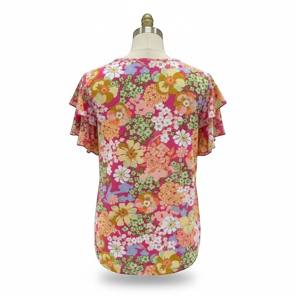 Chic Collective fuchsia pink orange green yellow floral ruffle short sleeve top.