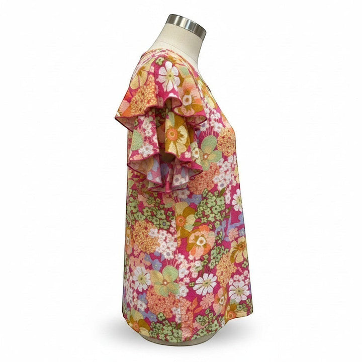 Chic Collective fuchsia pink, orange, green, yellow floral ruffle top with tiered flutter sleeves.