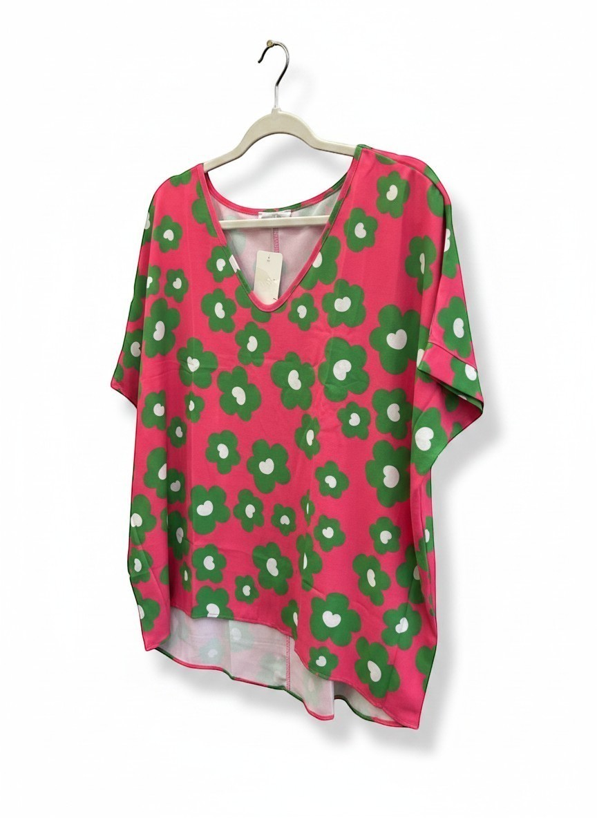 Chic Collective fuchsia green floral dolman top with a v-neck and short sleeves.