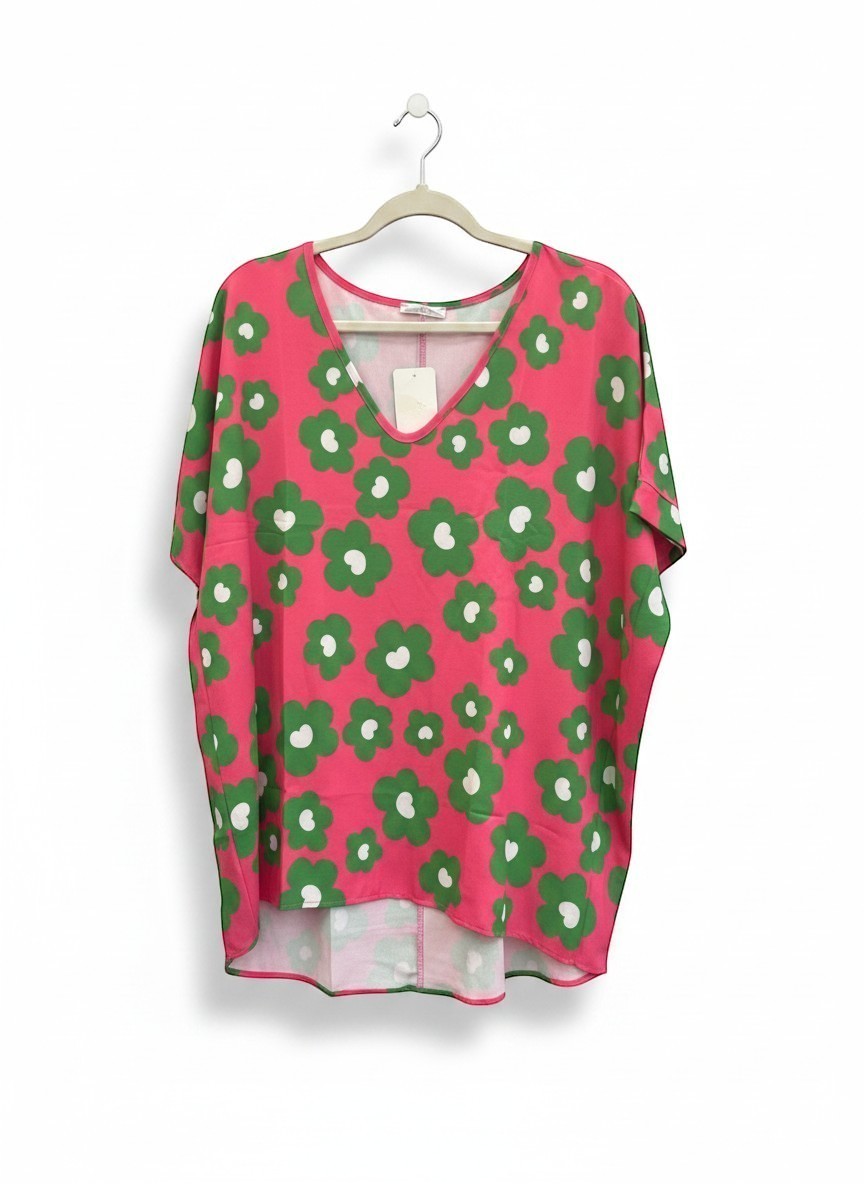 Chic Collective fuchsia green floral dolman top with a V-neck and short sleeves.