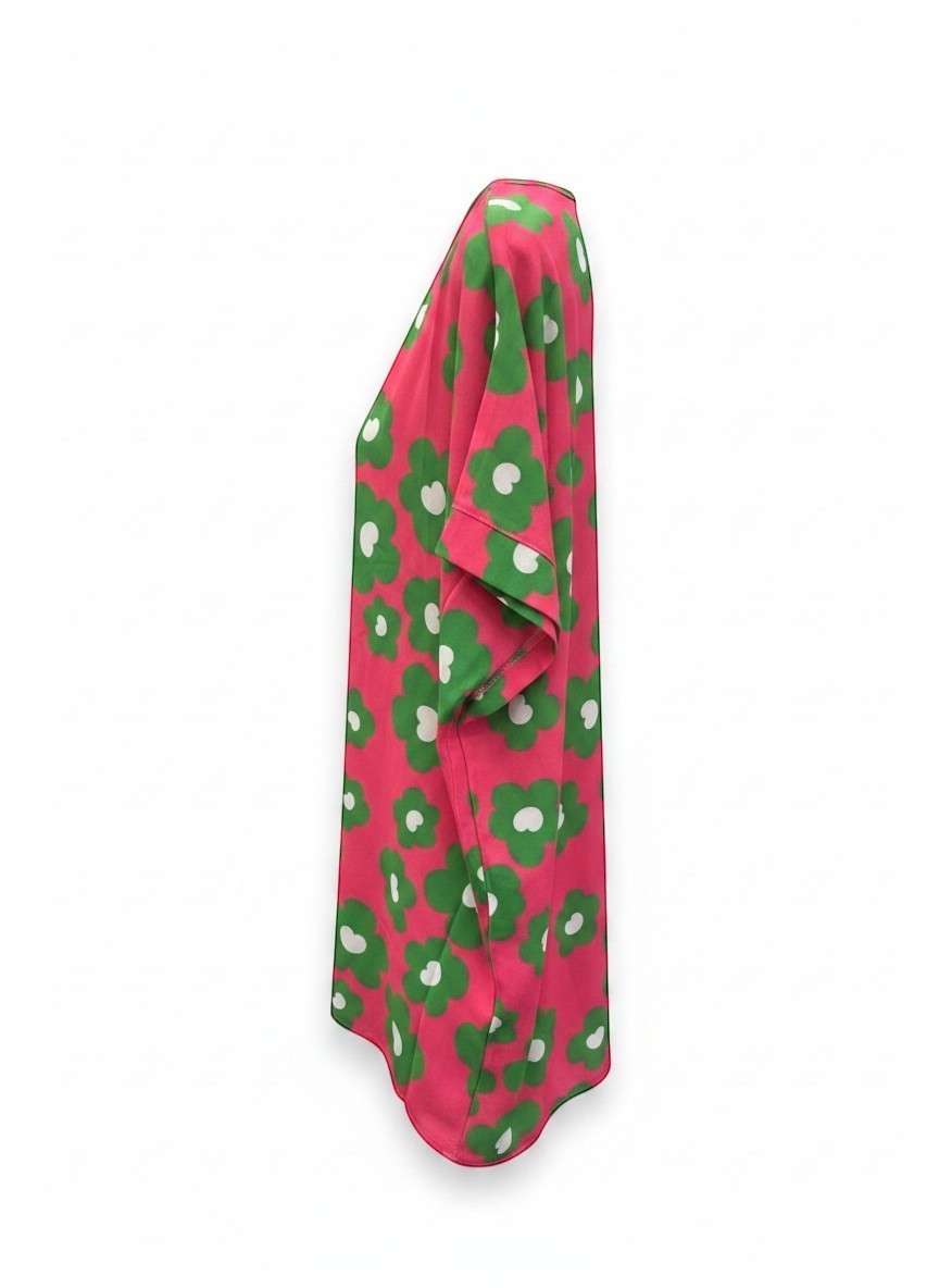 Chic Collective fuchsia green floral dolman top with short sleeves and a relaxed fit.