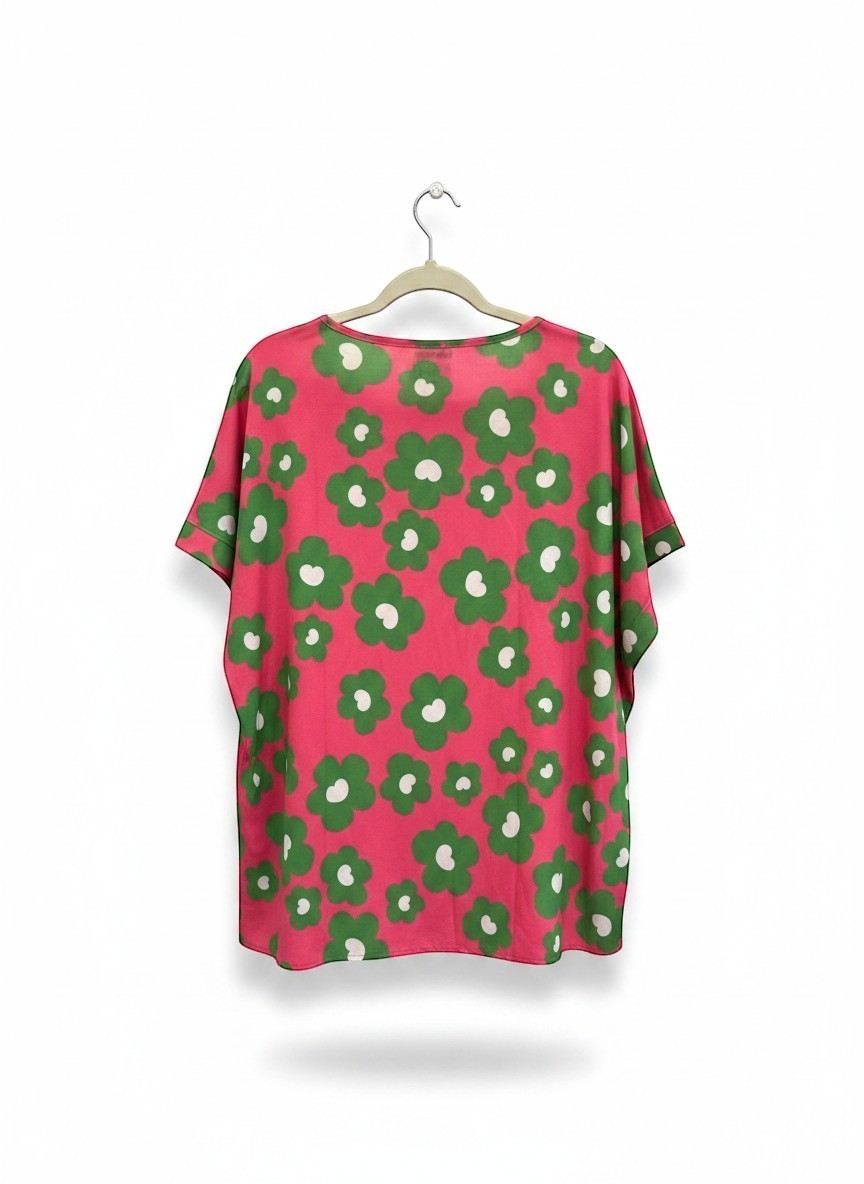 Chic Collective fuchsia green floral dolman top with short sleeves and a relaxed fit.