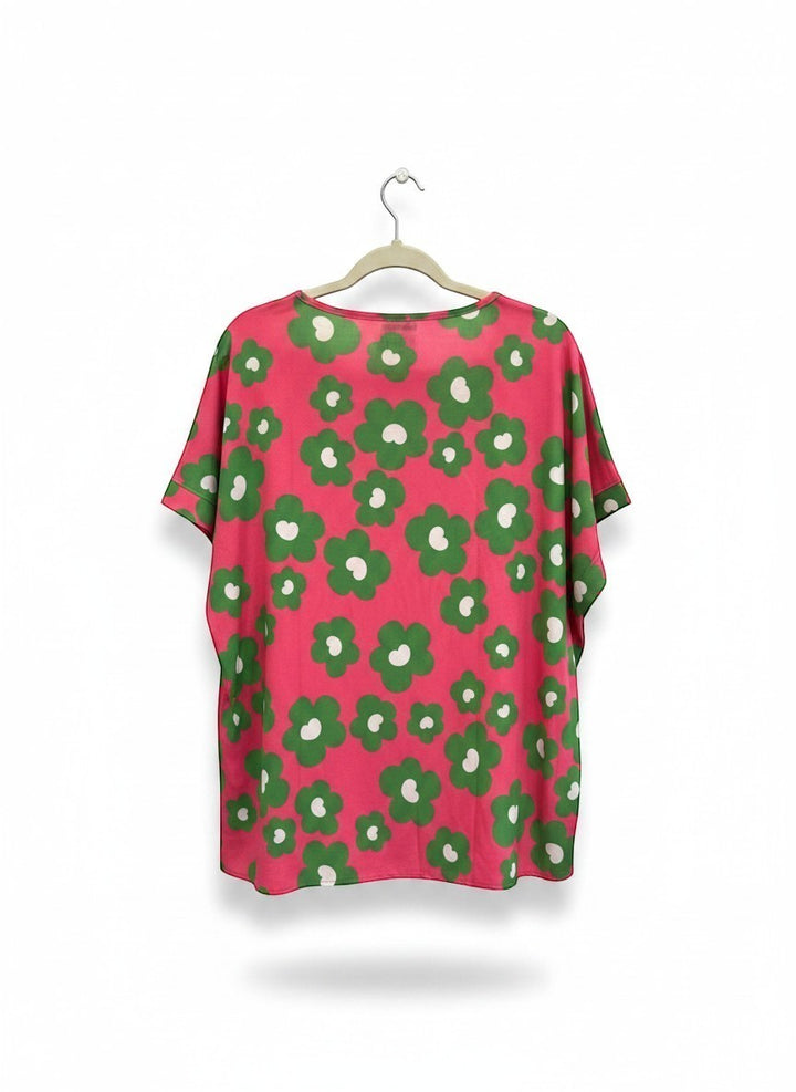 Chic Collective fuchsia green floral dolman top with short sleeves and a relaxed fit.
