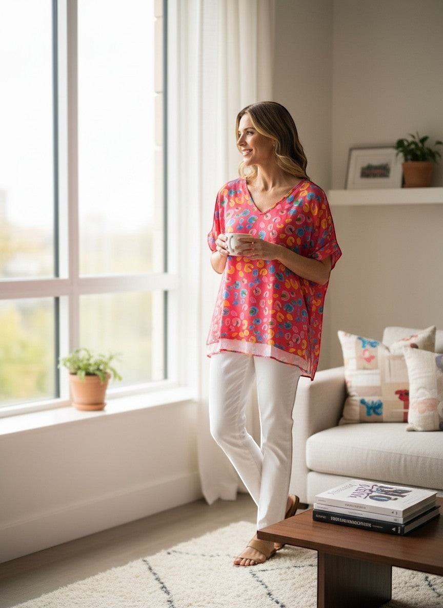 Chic Collective fuchsia, aqua, orange multi animal leopard print dolman top with a v-neck and short sleeves. Model wears white pants.