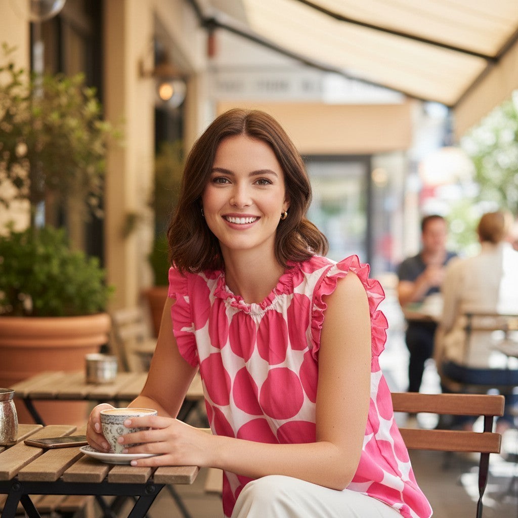 Chic Collective fuchsia and ivory polka dot blouse with ruffle sleeves and neckline, worn by a woman sitting at a cafe.