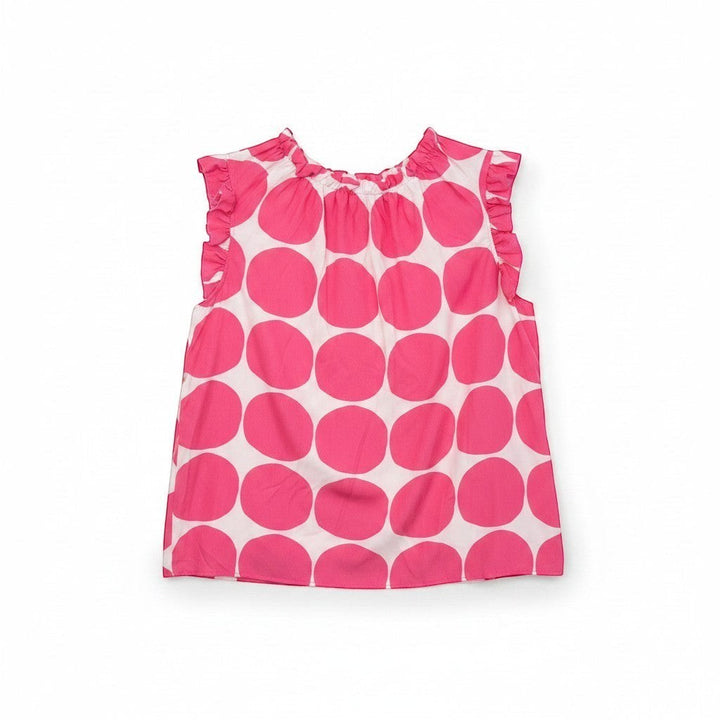 Chic Collective fuchsia and ivory big polka dot ruffle blouse with ruffled neckline and sleeves.